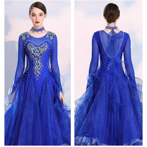 Royal blue ballroom dance dresses for women female competition professional stage performance rhinestones foxtort waltz tango dance gown